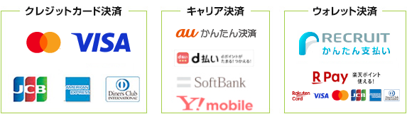 DC、VISA、MASTER、JCB、AMEX、DISCOVER、au、dケータイ払いプラス、Softbank、リクルートかんたん支払い、楽天ペイ